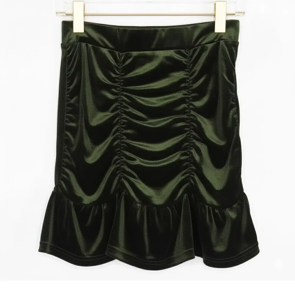 Halara Dark Green Velvet Mini Skirt with  Ruched Ruffle Hem Small